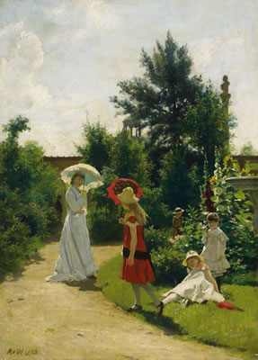DIE FAMILIE DES KÜNSTLERS IM GARTEN DER SOMMERRESIDENZ IN WANNSEE