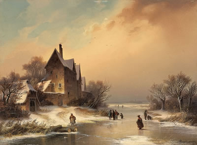 WINTER LANDSCAPE WITH FROZEN RIVER