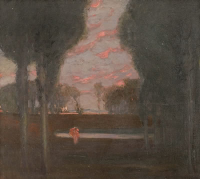 VIEW OF A PARK IN IN THE EVENING WITH A FEMALE FIGURE
