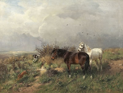 LANDSCAPE WITH TWO HORSES AND A HUNTING DOG