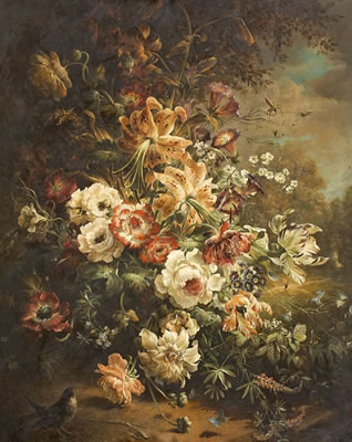 FLOWER STILL LIFE WITH A BIRD