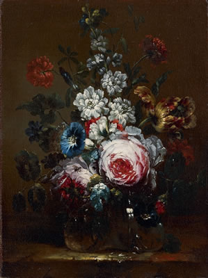 ROSES, BINDWEED, TULIP, LARKSPUR AND OTHER FLOWERS IN A VASE