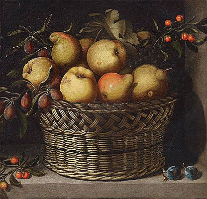 APPLES, QUINCES, PLUMS AND CHERRIES IN A BASKET