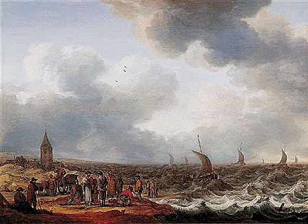 COASTAL LANDSCAPE WITH FISHMONGERS AND STORMY SEA