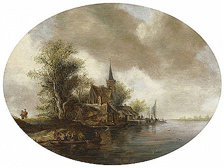 RIVER LANDSCAPE WITH CHURCH AND FERRY BOAT