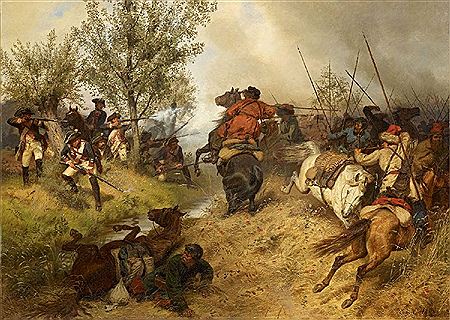A SKIRMISH BETWEEN PRUSSIAN INFANTRY AND COSACKS IN THE BATTLE OF ZORNDORF 1758