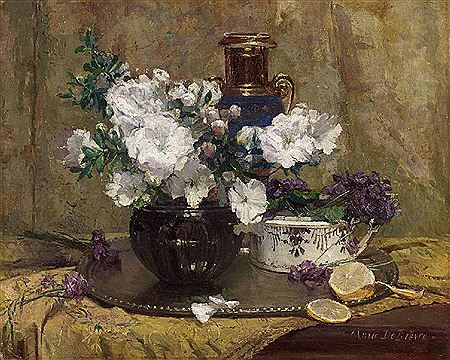 STILL LIFE WITH WHITE AZALEA, VIOLA AND LEMON