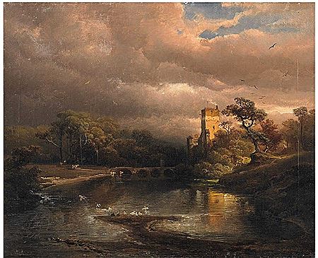 A RIVER LANDSCAPE WITH A CASTLE AND BRIDGE