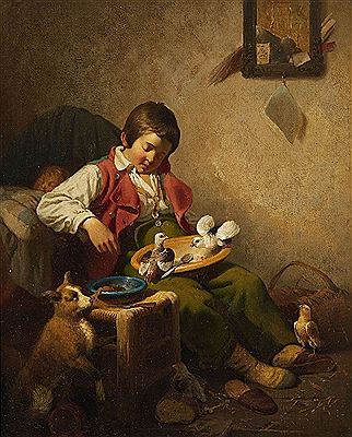 SLEEPING BOY WITH PIDGEONS AND DOG
