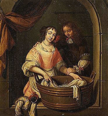 A YOUNG COUPLE BY A WASHING TROUGH by Reynier De La Haye - Auction record, sale price, and art valuation. Compare with similar artists and explore comparable artworks.