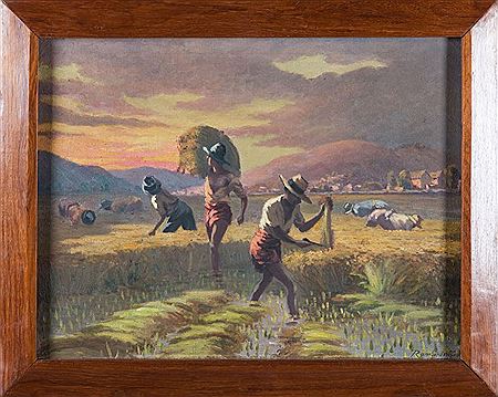 Scène de la vie quotidienne à Madagascar, moisson au soleil couchant. by Jean Rambinintsoa - Auction record, sale price, and art valuation. Compare with similar artists and explore comparable artworks.