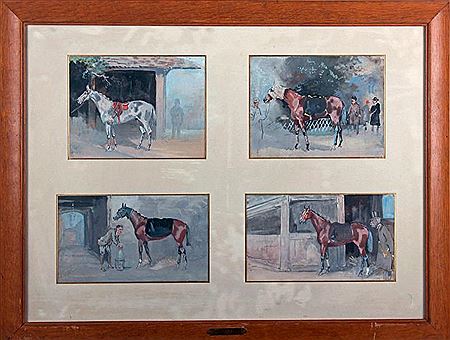 CHEVAUX DE COURSE AU PADDOCK OU À L'ÉCURIE. (4)
