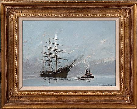 Tug boat guiding a tall ship by Rene Marie Dujardin - Auction record, sale price, and art valuation. Compare with similar artists and explore comparable artworks.