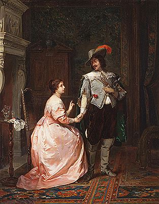 Formal interior with couple holding hands