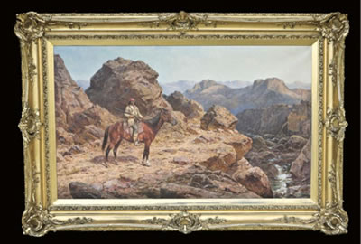 Geronimo on horseback holding a Trapdoor Springfield in buckskin jacket with red bandana in the high mountains of Arizona with stream in foreground