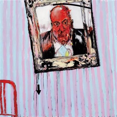 Portrait of an ex-prime minister in a heavy frame, falling