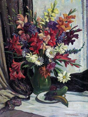 Still Life, Vase of Summer Flowers before a Curtain