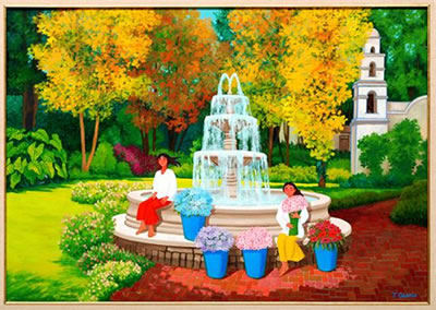 Niñas, fuente y flores