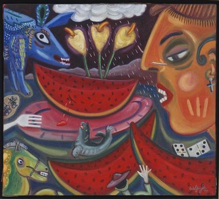 Sample artwork by Barry Wolfryd (Born 1952), known for symbolic pop art image abstract painting, distorted faces, figures, glass sculpture - View similar artists and auction records