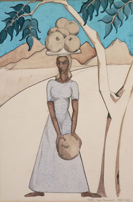 Depicting a Haitian woman traveling with produce by Natalie Hammond - Auction record, sale price, and art valuation. Compare with similar artists and explore comparable artworks.