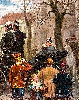 Kaiser Wilhelm I. im offenen Landauer, von den Passanten freundlich gegrüßt.