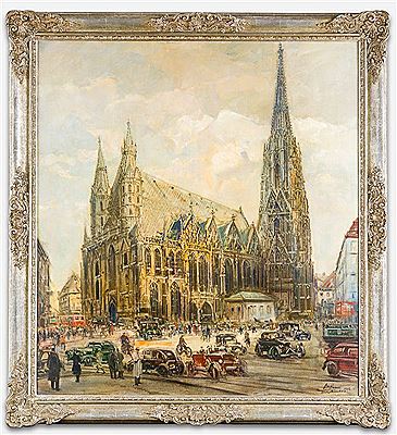 Stefansdom in Wien. Auf dem Platz zahlreiche Autodroschken und Passanten