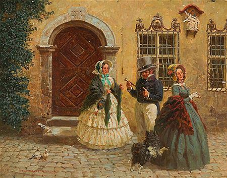 Aufbruch zum Spaziergang. Biedermeierdamen und Herr, einen lebhaften Spitz ermahnend