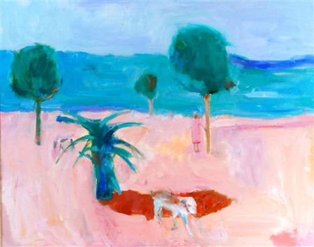 Dog and figure within a colourful abstract landscape