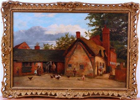 Farmyard scene with farmhand, children, grey horse and chickens