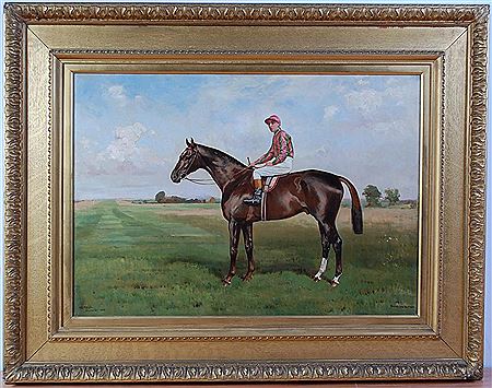 Bachelors Button the racehorse with jockey up within a landscape