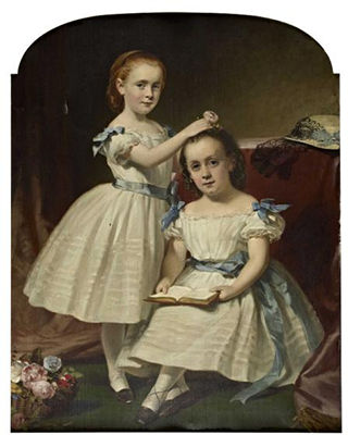 PORTRAIT OF TWO YOUNG GIRLS WITH FLOWERS READING ; Arched