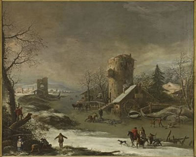 A SNOW COVERED RIVER LANDSCAPE WITH FIGURES AND ANIMALS