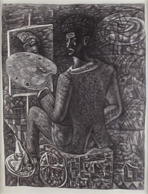 Portrait of Adrian Wiszniewski: SELF PORTRAIT WITH EASEL