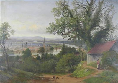 PERTH SEEN FROM A DISTANCE WITH A COTTAGE AND FIGURES IN THE FOREGROUND