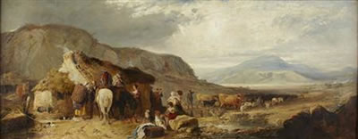 A HIGHLAND LANDSCAPE WITH FIGURES AND ANIMALS BY A COTTAGE