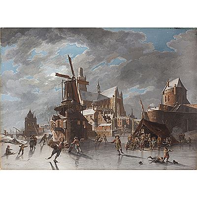 A BUSY DUTCH TOWNSCAPE WITH FIGURES SKATING ON A FROZEN CANAL BY MOONLIGHT by Hendrik Meijer - Auction record, sale price, and art valuation. Compare with similar artists and explore comparable artworks.