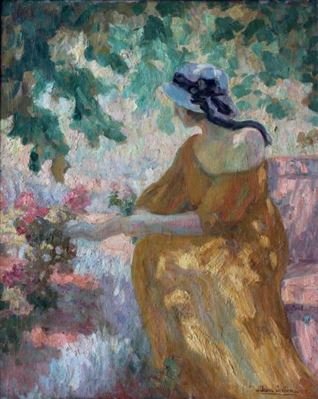 Jeune femme assise sous les ombrages, 1917