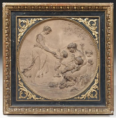 Beau médaillon en terre cuite, figurant la famille du faune. (fente) by Michel Claude Clodion - Auction record, sale price, and art valuation. Compare with similar artists and explore comparable artworks.