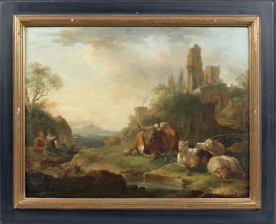 Couple de pâtres et leurs animaux dans un paysage surmonté de ruines