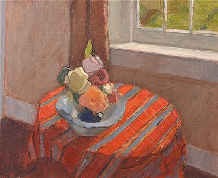Flowers and striped table cloth