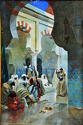 A gathering of Arabs and girl at the doorway to a mosque