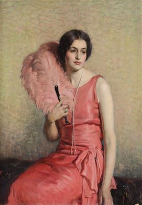 Portrait of a lady in a red dress holding a fan