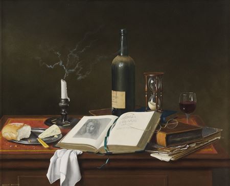Still Life - Books, glass and other items on a leather top desk, 1995