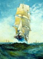 Clipper ship in full sail with other sailing ships