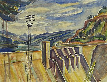 Northwest landscape with dam, likely Detroit Dam by Andrew McDuffie Vincent - Auction record, sale price, and art valuation. Compare with similar artists and explore comparable artworks.