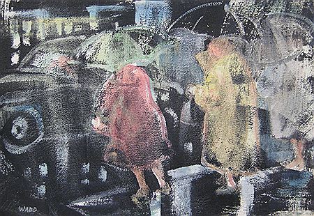 "Rain, Oregon", people with umbrellas on a rainy street