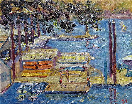 Under the Pine, swimmers on dock by Jonathan Farley - Auction record, sale price, and art valuation. Compare with similar artists and explore comparable artworks.