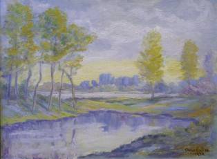 Plein air impressionist autumn landscape sunset