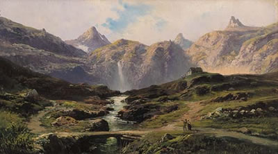 Paesaggio montano con rifugio alpino e figure