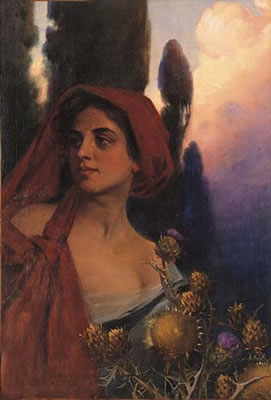 Donna con foulard rosso by Adolfo De Carolis - Auction record, sale price, and art valuation. Compare with similar artists and explore comparable artworks.